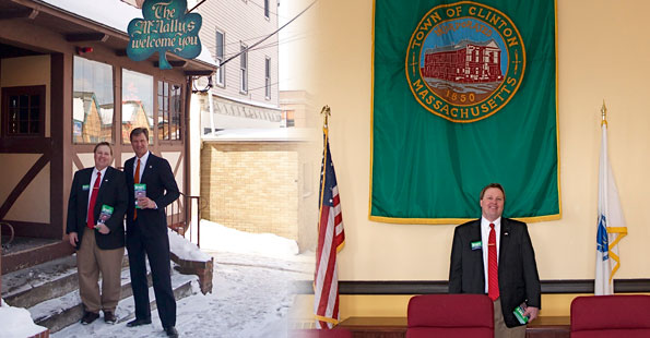 LEFT: Sheriff Lew Evangelidis and Brad Wyatt in front of Clinton's famous 'The Old Timer' Restaurant — RIGHT: Brad visiting Town Hall